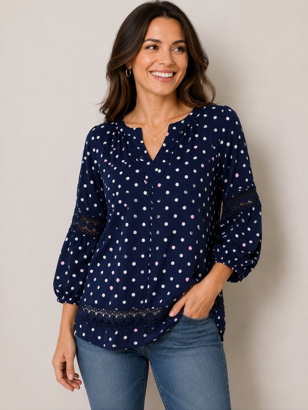 Crown & Ivy Bohemian Navy Blue & White Polka Dot Top, Lace Trim, Size Medium